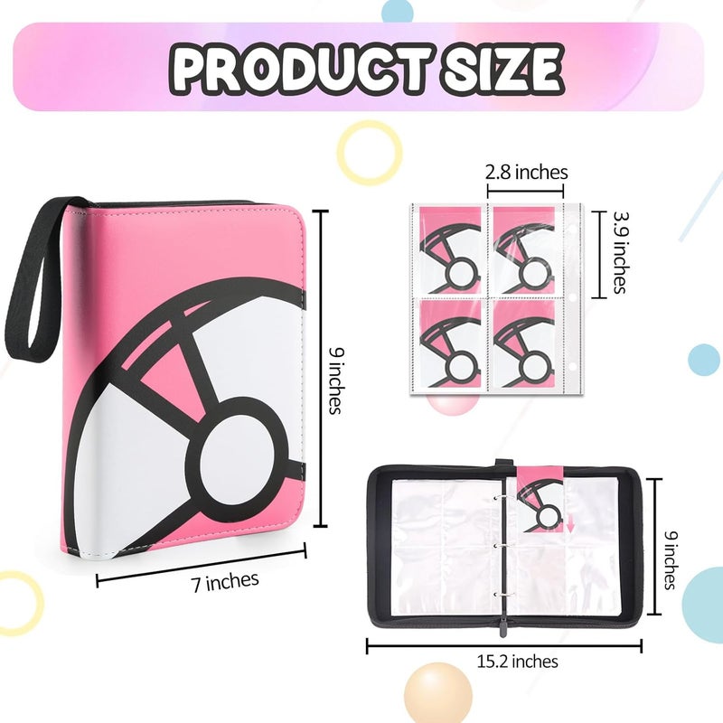 LOYEE Trading Card Binder 4-Pockets, 400 Pockets Card Holder with 50 Removable Sleeves, Large Capacity & Waterproof Zipper Album Holder for Trading Card Collector，Portable Card Album Book for Card-Pink - Image 2